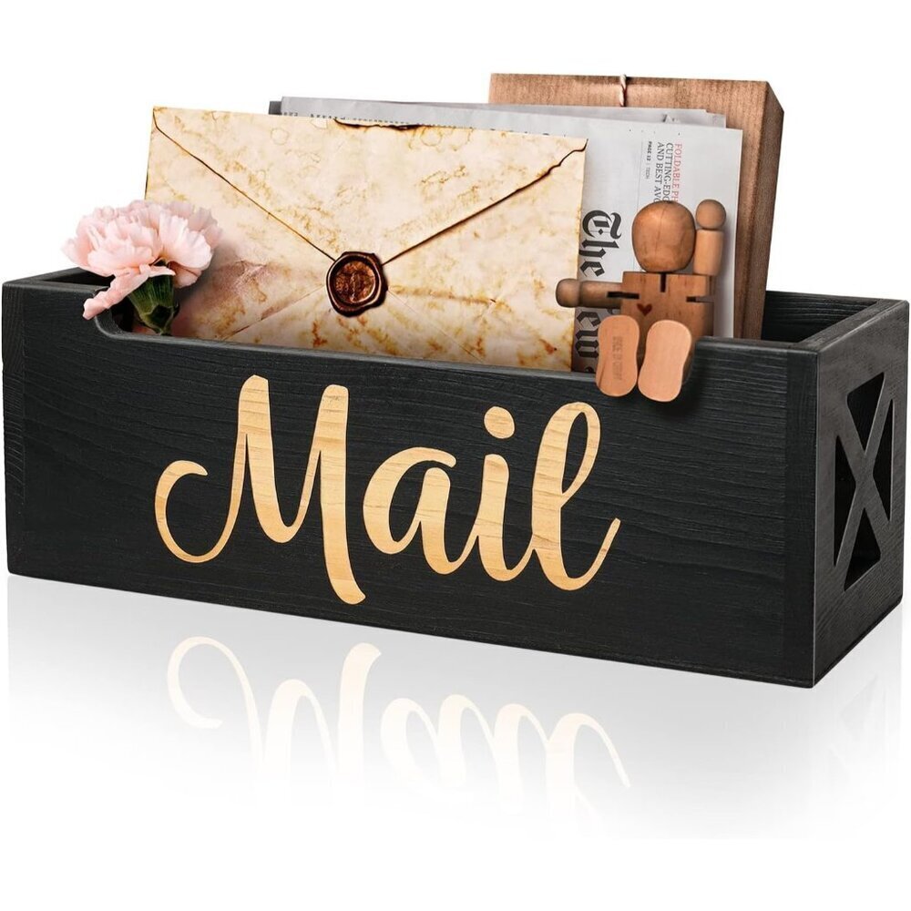 Mail Organizer Mail Holder Countertop, Rustic Wooden Mail Basket Mail Tray